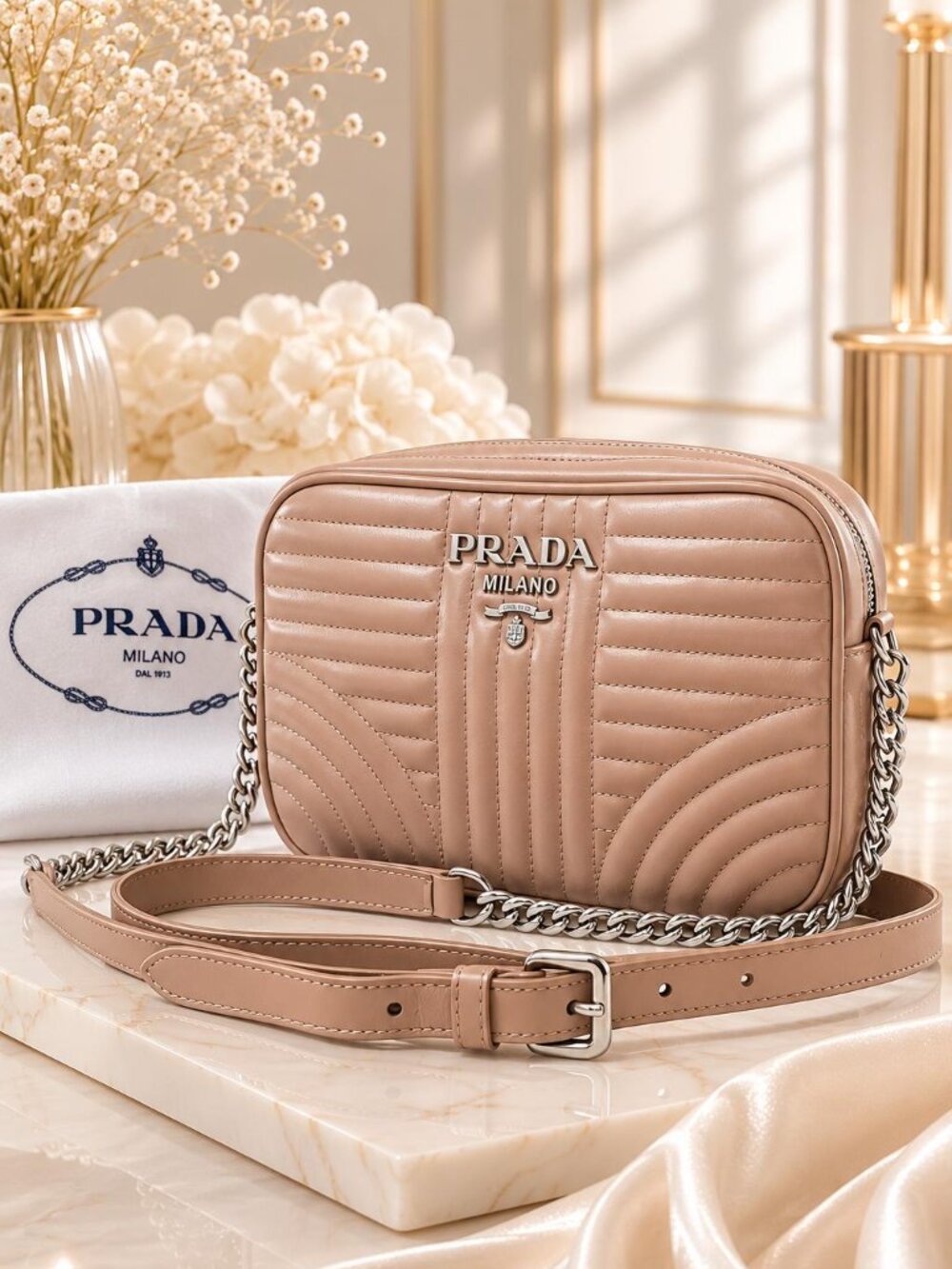 Authentic Prada Diagramme Leather Camera Bag Blush Pink Silver Chain Crossbody